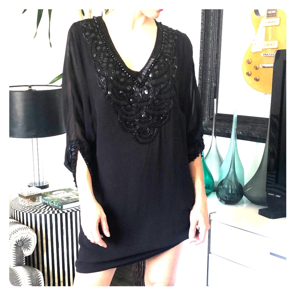 French connection black beaded tunic party dress